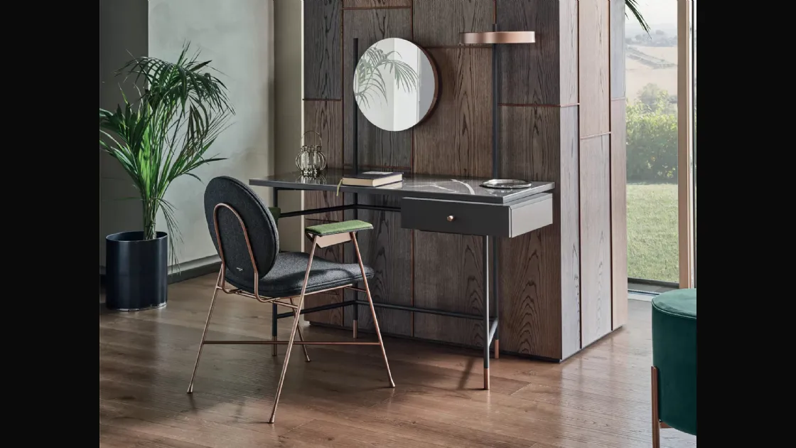 Scrittoio Vanity con top in marmo, cassetto in legno laccato e struttura in acciaio di Bontempi