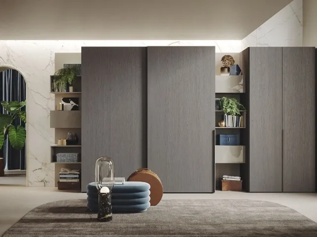 Armadio Ante Scorrevoli 08 in rovere fumo con elementi Free e contenitori Live di Morassutti