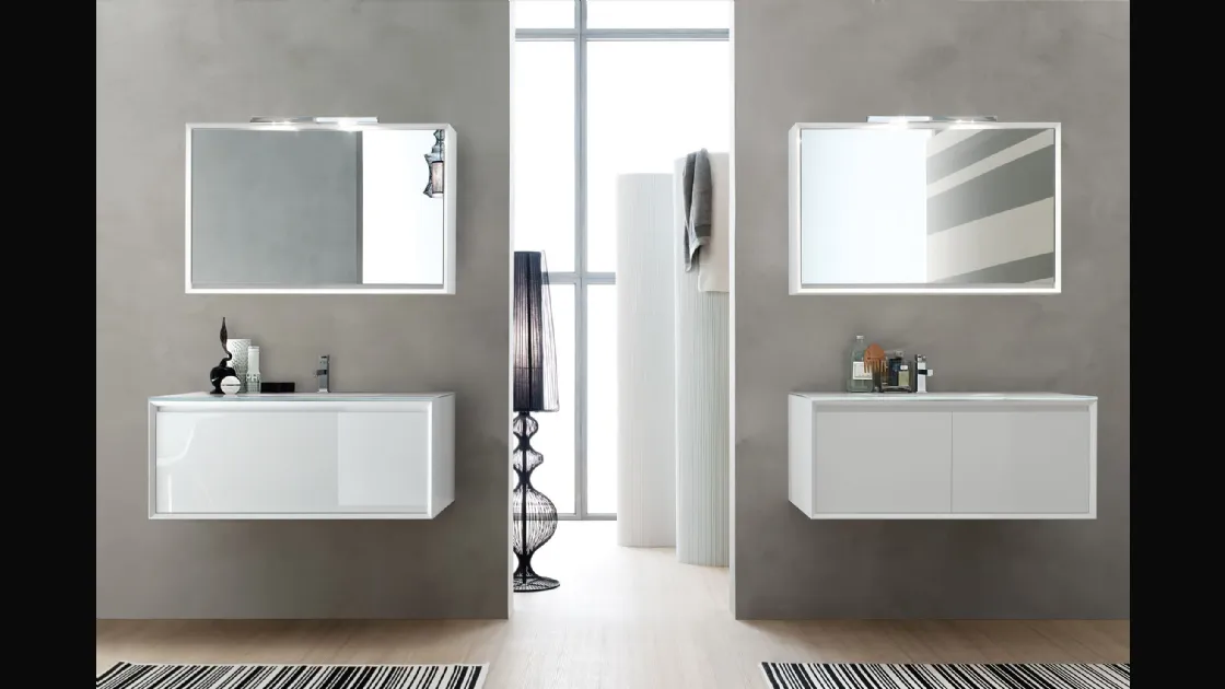 Mobile da Bagno sospeso laccato lucido con top in cristallo Bianco E-45 07 di Arcom