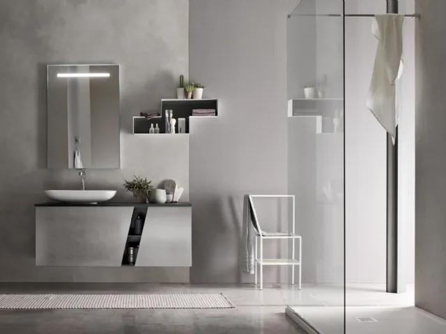 Mobile da Bagno sospeso laccato Platino con top in cristallo Fumo E-Ly 80 di Arcom