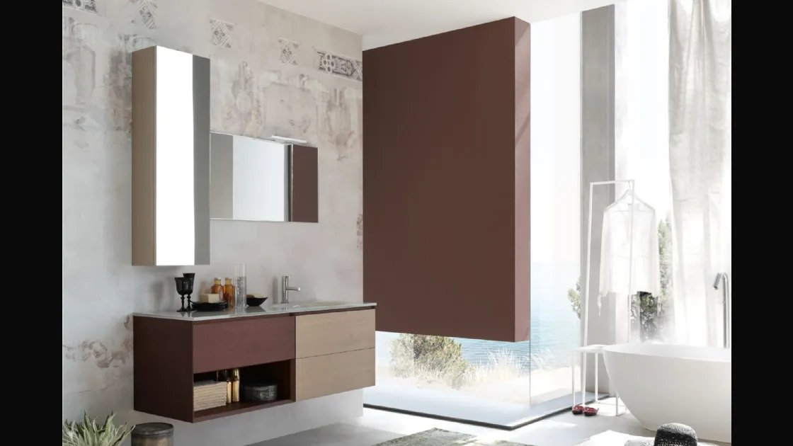 Mobile da Bagno sospeso La Fenice 13 in Rovere nodato con top in cristallo di Arcom