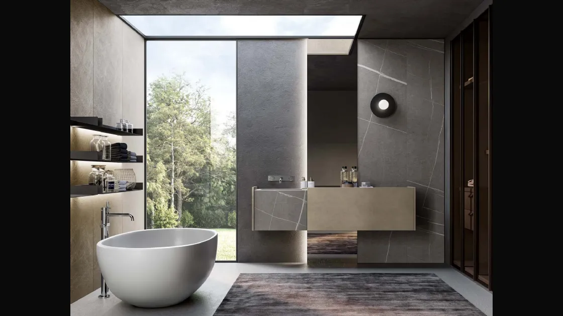 Mobile da Bagno sospeso in laccato metallico nichel e gres Senda grigio Major 05 di Birex