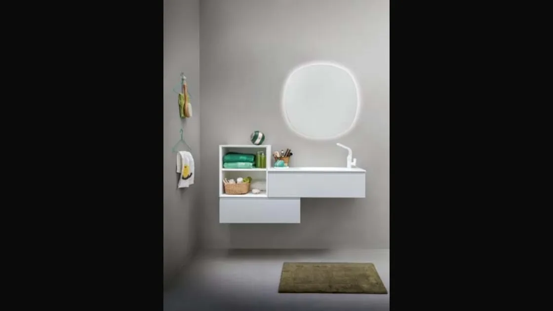 Mobile da bagno sospeso in laccato bianco opaco e top in Corian Memento 04 di Birex