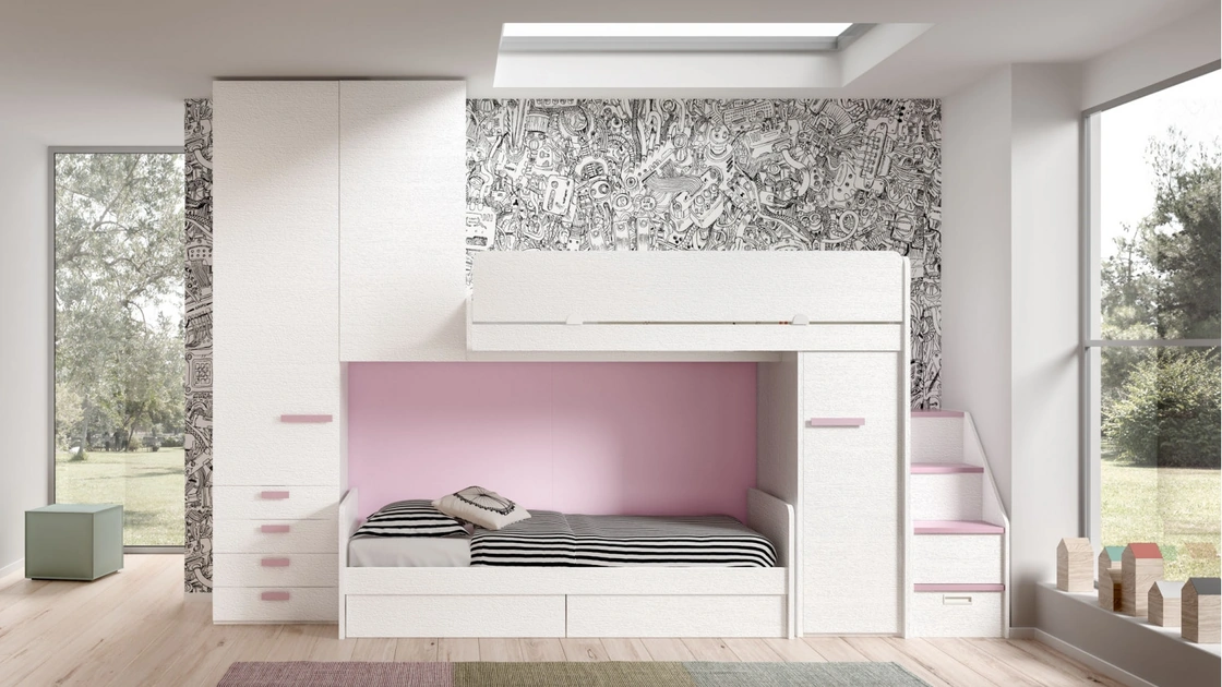 Camera finitura Bianco e Rosa con soppalco Room 171 di Zg Mobili