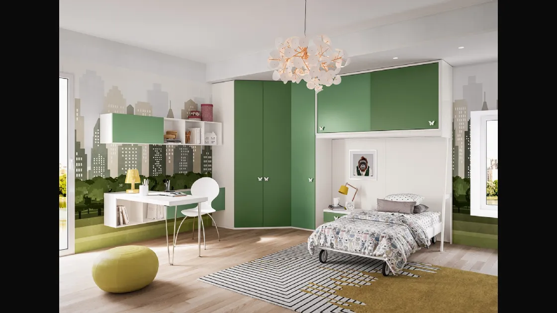 Cameretta componibile Job CM233 in nobilitato Bianco, Verde Salvia e Verde Giava di Giessegi