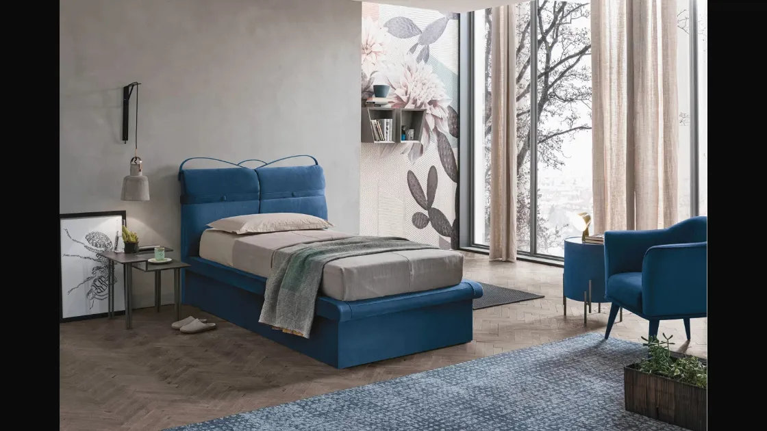 Letto singolo con testiera in tessuto imbottito e contenitore Corfù Plus di Target Point