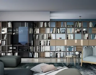 Libreria a muro e divisoria Logic Collection 03 in rovere fumo, laccato lucido e vetro grigio trasparente di Morassutti