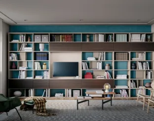 Libreria componibile a muro Logic Collection 05 in rovere affumicato e laccato sabbia opaco di Morassutti