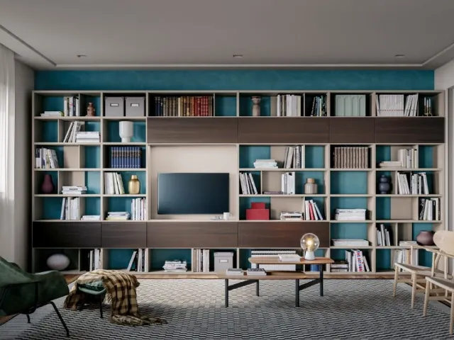 Libreria componibile a muro Logic Collection 05 in rovere affumicato e laccato sabbia opaco di Morassutti