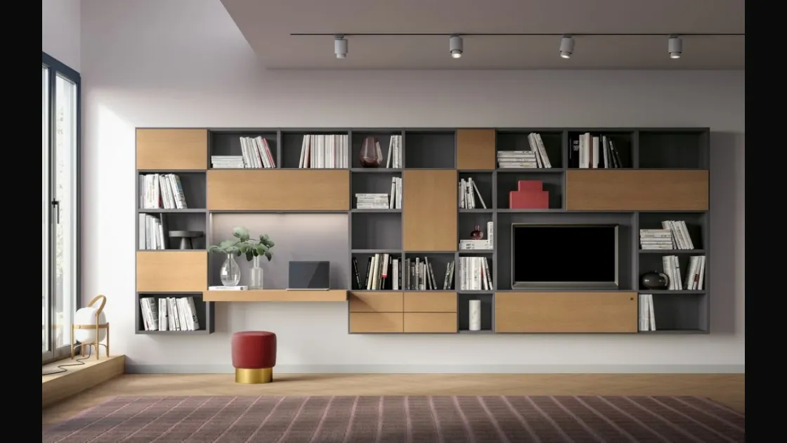 Libreria sospesa Logic Collection 12 in rovere avana elaccato opaco ardesia di Morassutti
