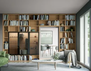 Libreria su misura Logic Collection 14 in rovere avana con ante in laccato ardesia opaco e vetro grigio trasparente di Morassutti