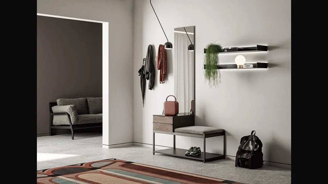 Mobile ingresso con specchiera in rovere e metallo con piano in gres effetto marmo Domì 02 di Birex