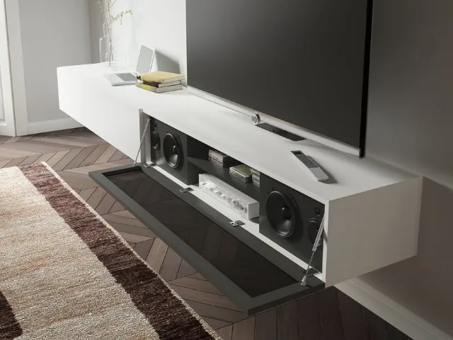 Parete Attrezzata sospesa Live 17 DECOR in laccato opaco bianco e nero e tessuto acustico nero di Morassutti