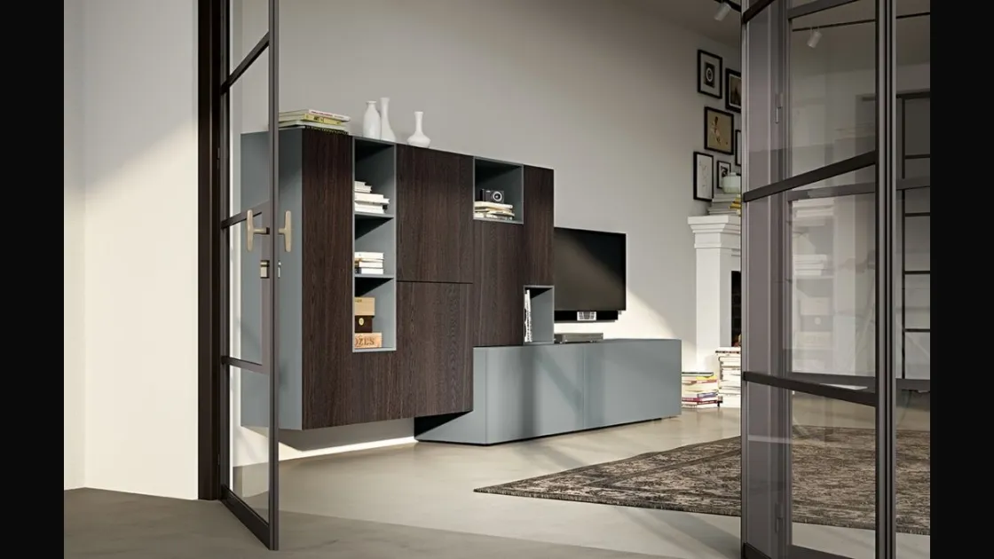 Parete Attrezzata Live 20 FEEL YANG in rovere affumicato e laccato grigio opaco di Morassutti