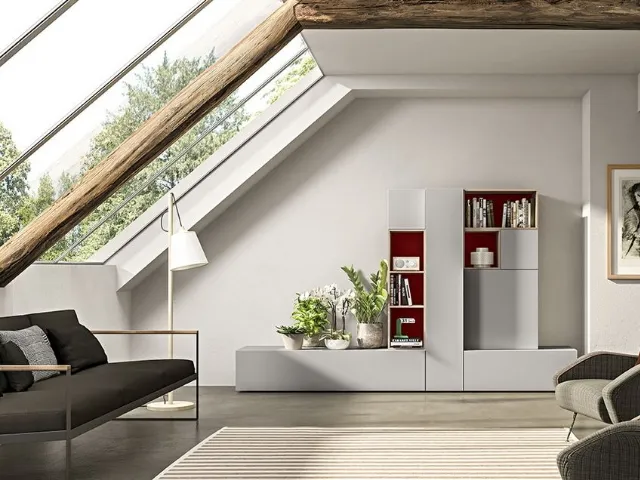 Parete Attrezzata Live 23 GREY & WOOD in laccato opaco sabbia e rosso cina e rovere naturale di Morassutti