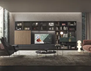 Parete Attrezzata Live & Logic Systems 02 in rovere carbone e avana, laccato verde muschio lucido e vetro grigio trasparente di Morassutti