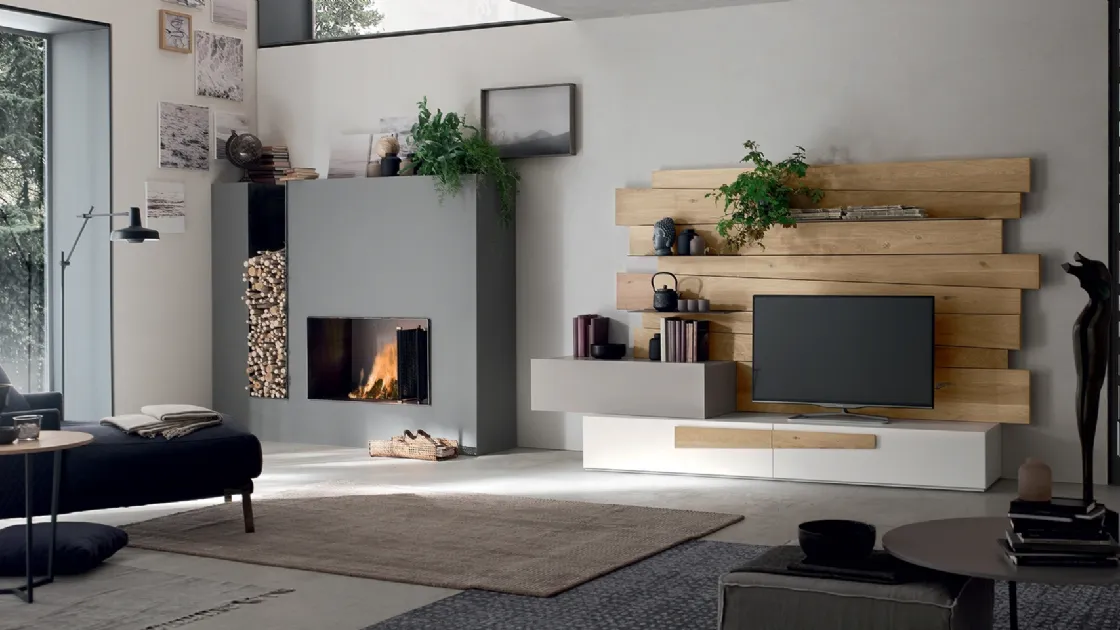 Parete Attrezzata SC1001 in Rovere Naturale e laccato opaco con mensole metal grey di Maronese Acf