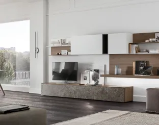 Parete Attrezzata Seta SA2230 in melaminico marmo Ash Stone, Rovere, Avena, Bianco e laccato opaco Ferro di Maronese Acf