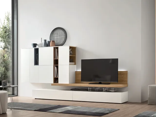 Parete Attrezzata Seta Unix SU2104 in melaminico Rovere nodato, Bianco e laccato opaco Cotto, Ceruleo di Maronese Acf