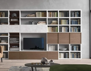 Parete Attrezzata Sistema Spalla Comp SA2222 in melaminico cemento Grigio e impiallacciato Nocciola di Maronese