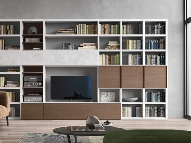 Parete Attrezzata Sistema Spalla Comp SA2222 in melaminico cemento Grigio e impiallacciato Nocciola di Maronese