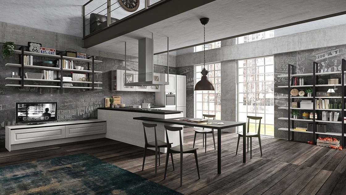 Cucina Classica  con penisola Bellagio in legno laccato Bianco Ghiaccio decapé di Aran