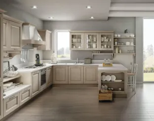 Cucina Classica ad angolo con penisola Bolgheri v02 in Rovere finitura Soya con top in laminato Pietra Vecchia di Stosa