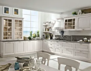 Cucina Classica Bolgheri v4 in Rovere Finitura Bianco Cotone, Maniglia MX0A, Top Marmo Grabla Levigato di Stosa