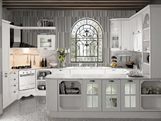 Cucina Classica Imperial Glamour angolare in Frassino Bianco Canapa laccato a poro aperto di Aran