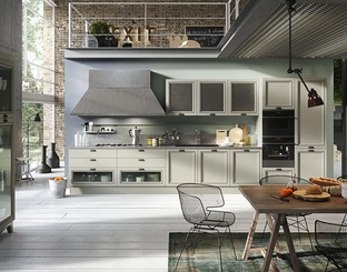 Cucina Classica lineare Magistra in Frassino laccato Verde con inserto in metallo invecchiato di Aran 