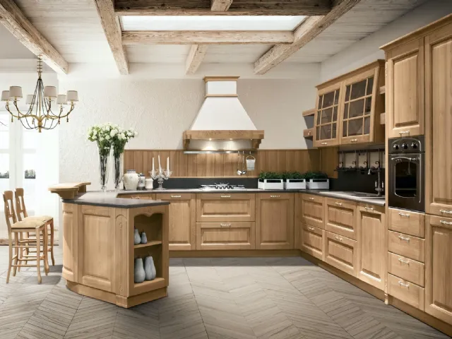 Cucina Classica ad angolo con penisola Bolgheri v08 in Rovere Natura con top in laminato Corten Sabbia di Stosa