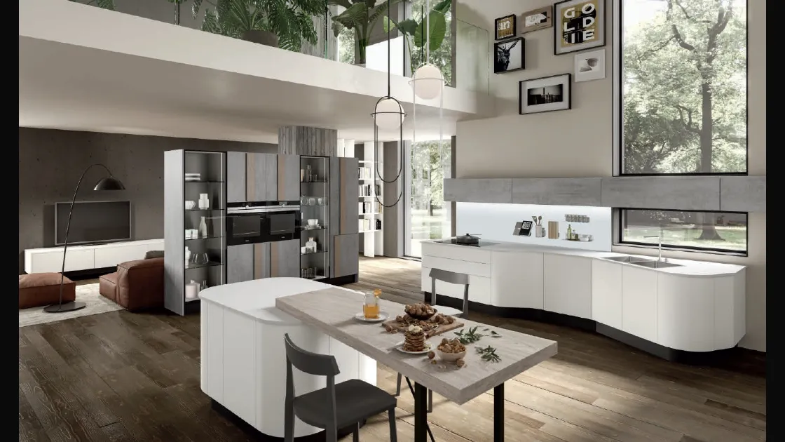 Cucina Design dalla forma asimmetrica con isola Erika in LPL Bianco di Aran