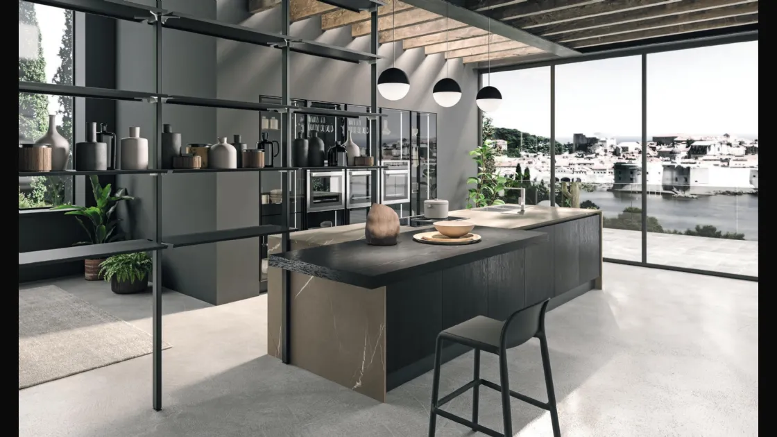 Cucina Design con isola Volare in Rovere Moka e laminato di Aran