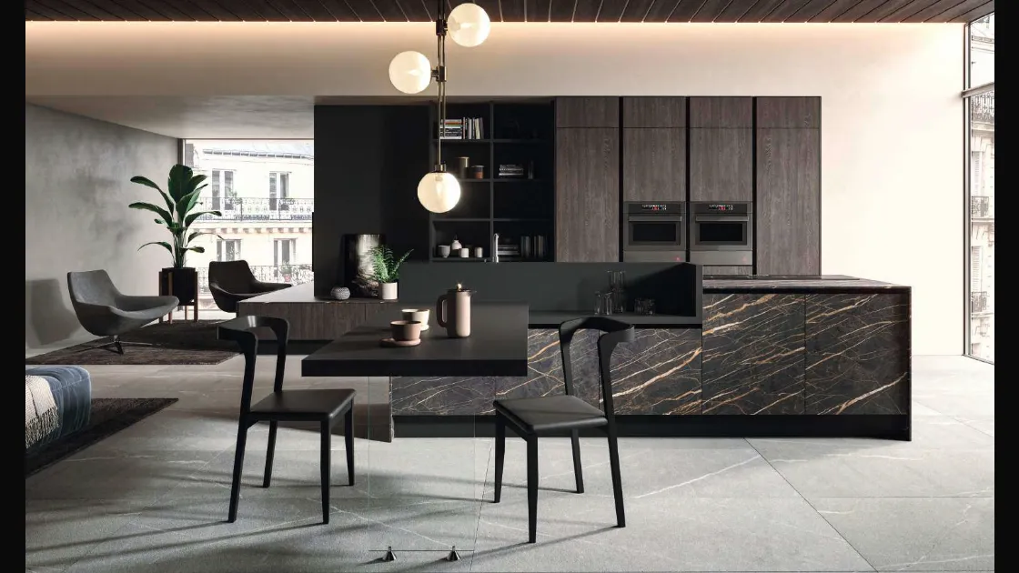 Cucina Design con penisola Bijou in grès cava noir desir di Aran