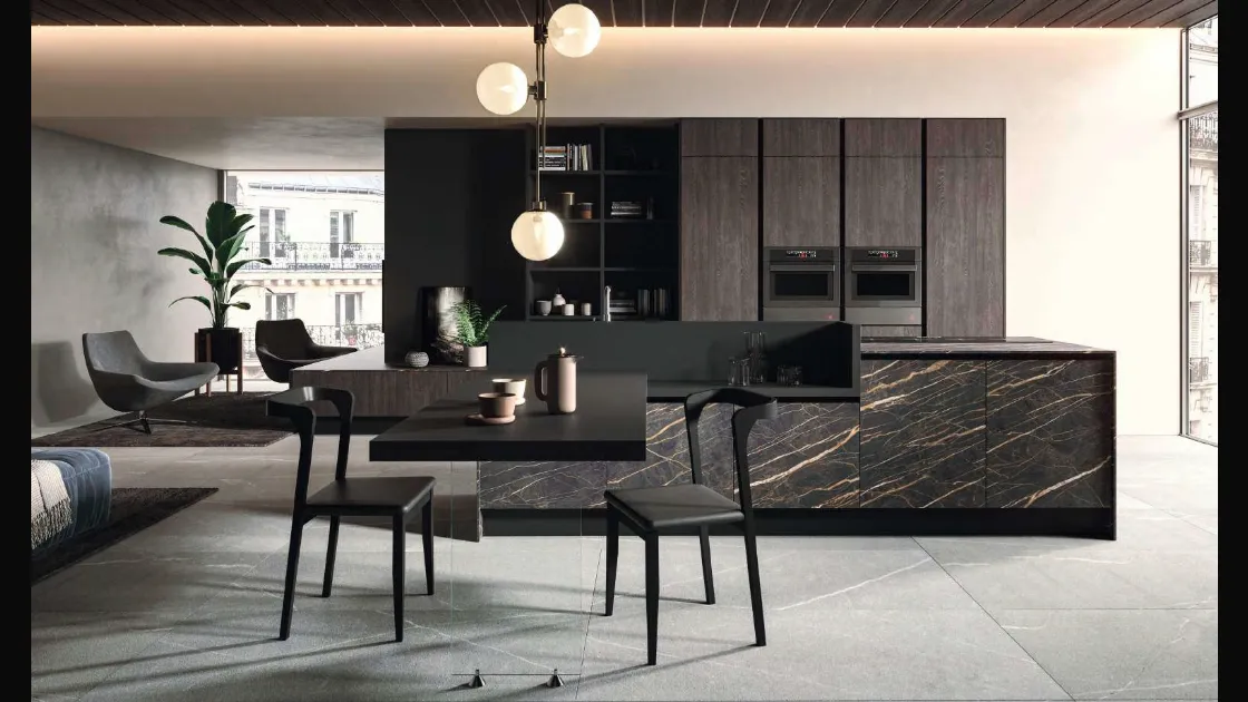 Cucina Design con isola Bijou in grès cava noir desir di Aran