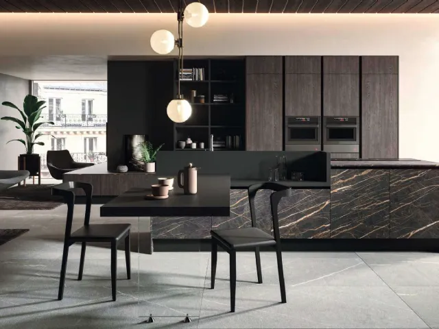 Cucina Design con isola Bijou in grès cava noir desir di Aran