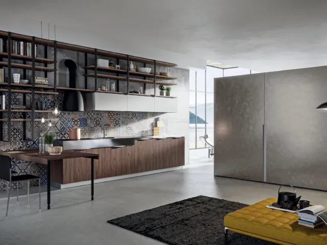 Cucina Design lineare Lab13 con basi in LPL Noce e top in grés laminam di Aran