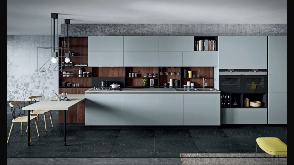 Cucina Design con penisola Lab13 in laminato HPL Grigio con profilo in alluminio Nero di Aran