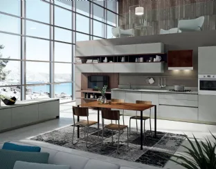 Cucina Design lineare Lab13 in Portland Silver grey con anta Plana e LPL noce di Aran