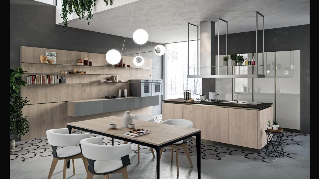 Cucina lineare Design Lab13 con basi in LPL Rovere cipria e anta Plana con profilo in alluminio di Aran