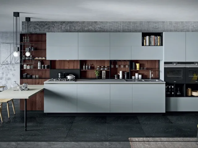 Cucina Design lineare Lab13 in laminato HPL Grigio con profilo in alluminio Nero di Aran