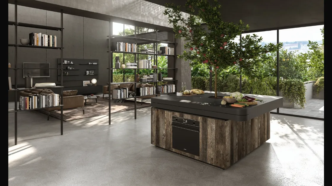 Cucina Design a isola di forma quadrata con albero centrale Oasi in Rovere ossidato di Aran