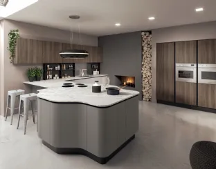 Cucina Design angolare con penisola Penelope in HPL Grigio e HPL Noce con top in marmo di Carrara spazzolat