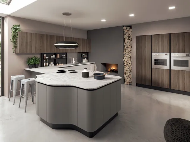Cucina Design angolare con penisola Penelope in HPL Grigio e HPL Noce con top in marmo di Carrara spazzolat