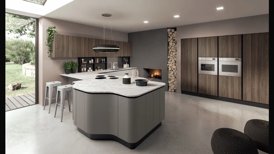 Cucina Design con penisola Penelope in HPL Grigio e HPL Noce con top in marmo di Carrara spazzolat