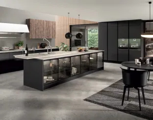 Cucina Design con isola Penelope in HPL Nero opaco e vetro di Aran