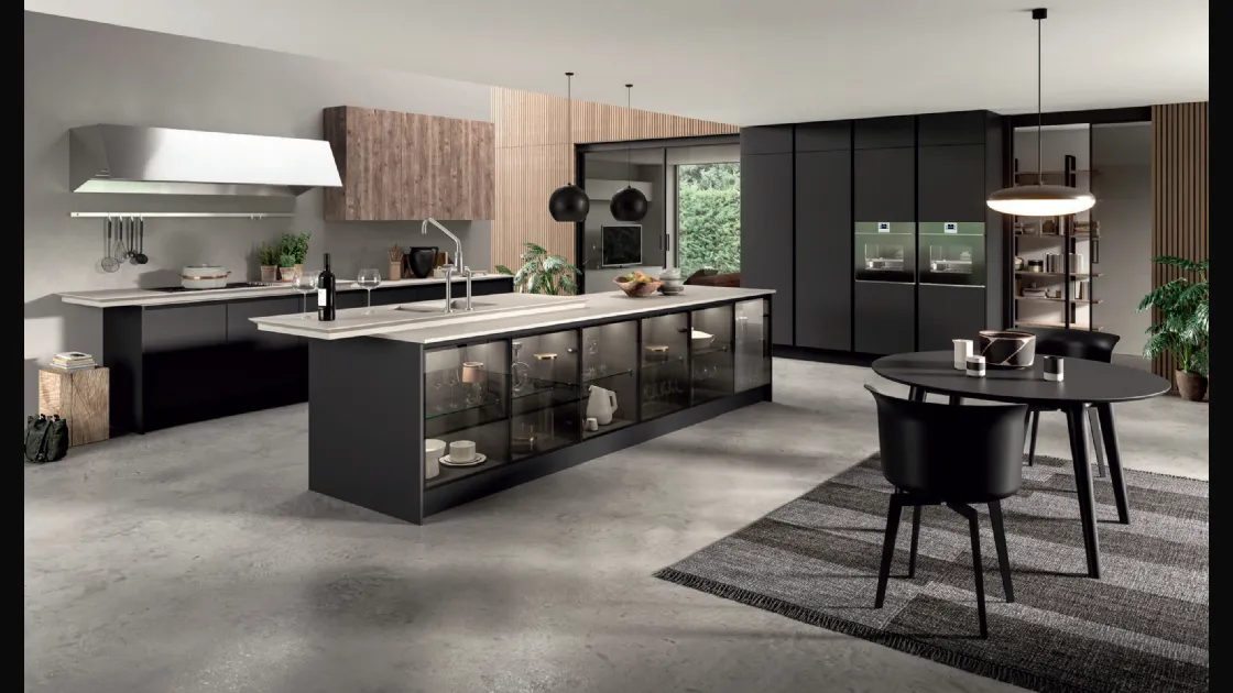 Cucina Design con isola Penelope in HPL Nero opaco e vetro di Aran