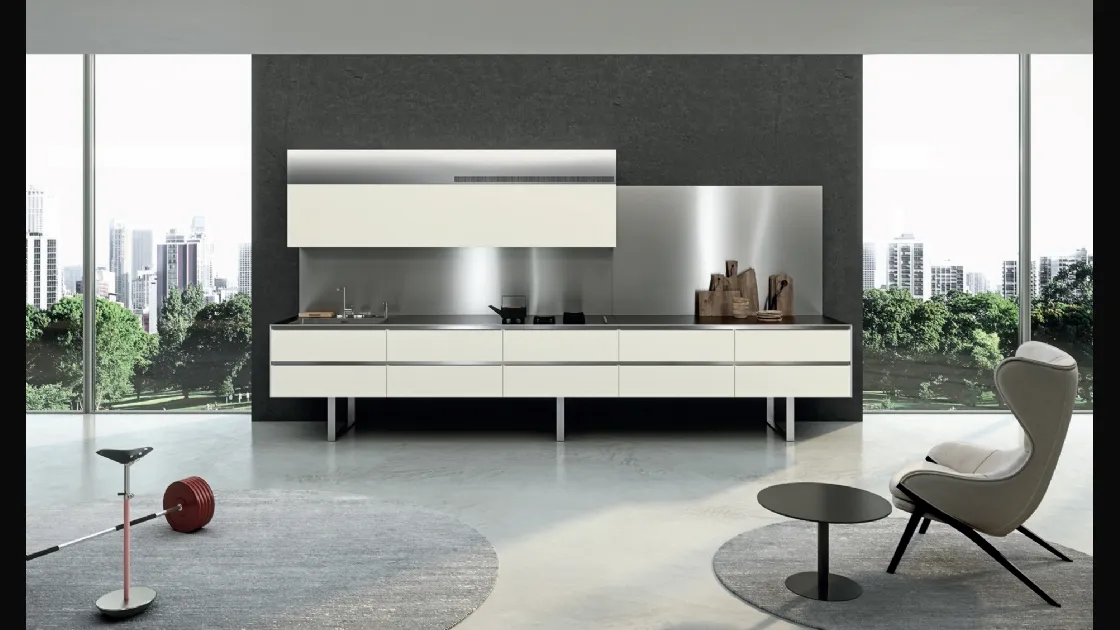 Cucina Design lineare Sipario in Fenix Bianco Kos e Acciaio inox di Aran