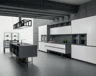 Cucina Design Sipario con isola in Fenix Grigio Bromo e Bianco Alaska di Aran