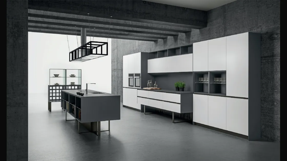 Cucina Design Sipario con isola in Fenix Grigio Bromo e Bianco Alaska di Aran